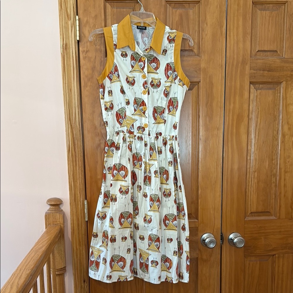Retrolicious ModCloth Midi Owl Collared Dress, White with Yellow, Red, Green